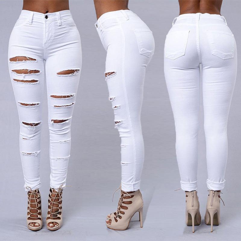 ripped jeans women-Ripped Jeans Women Skinny Trousers Casual High Waist Pencil Pants-shopluxelook.store