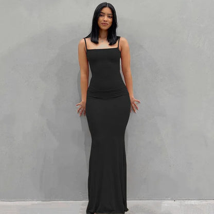 Satin Slip Backless Maxi Dress - Black / Small