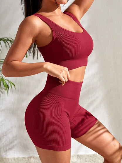 Seamless Ribbed Yoga Sets Workout Sets for Women 2 Pieces Gym Suits Ribbed Crop Tank High Waist Shorts Outfits Fitness Running-shopluxelook.store