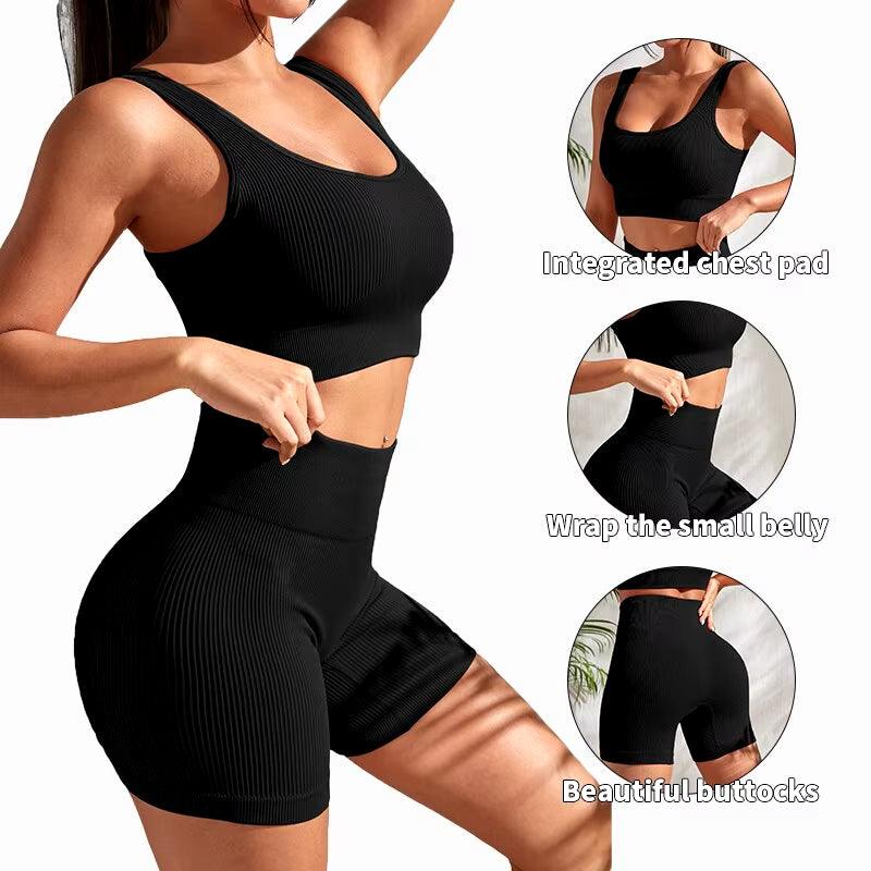 Seamless Ribbed Yoga Sets Workout Sets for Women 2 Pieces Gym Suits Ribbed Crop Tank High Waist Shorts Outfits Fitness Running-shopluxelook.store