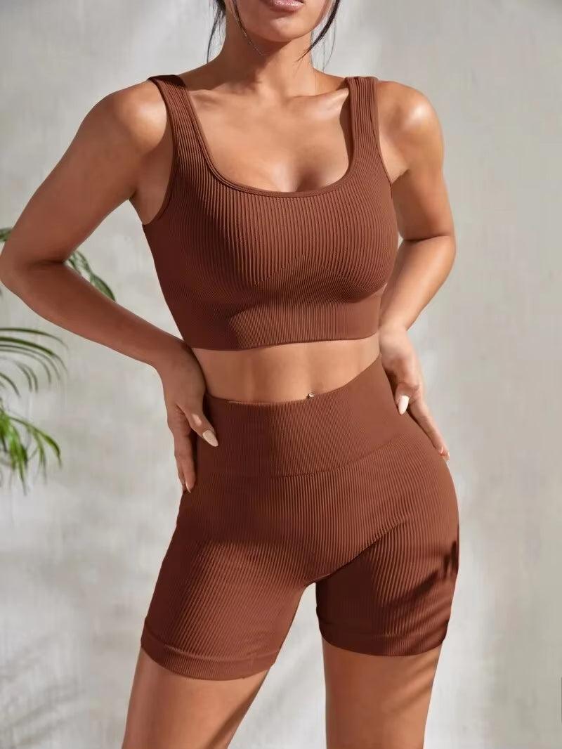 seamless ribbed yoga sets-Seamless Ribbed Yoga Sets Workout Sets for Women 2 Pieces Gym Suits Ribbed Crop Tank High Waist Shorts Outfits Fitness Running-shopluxelook.store