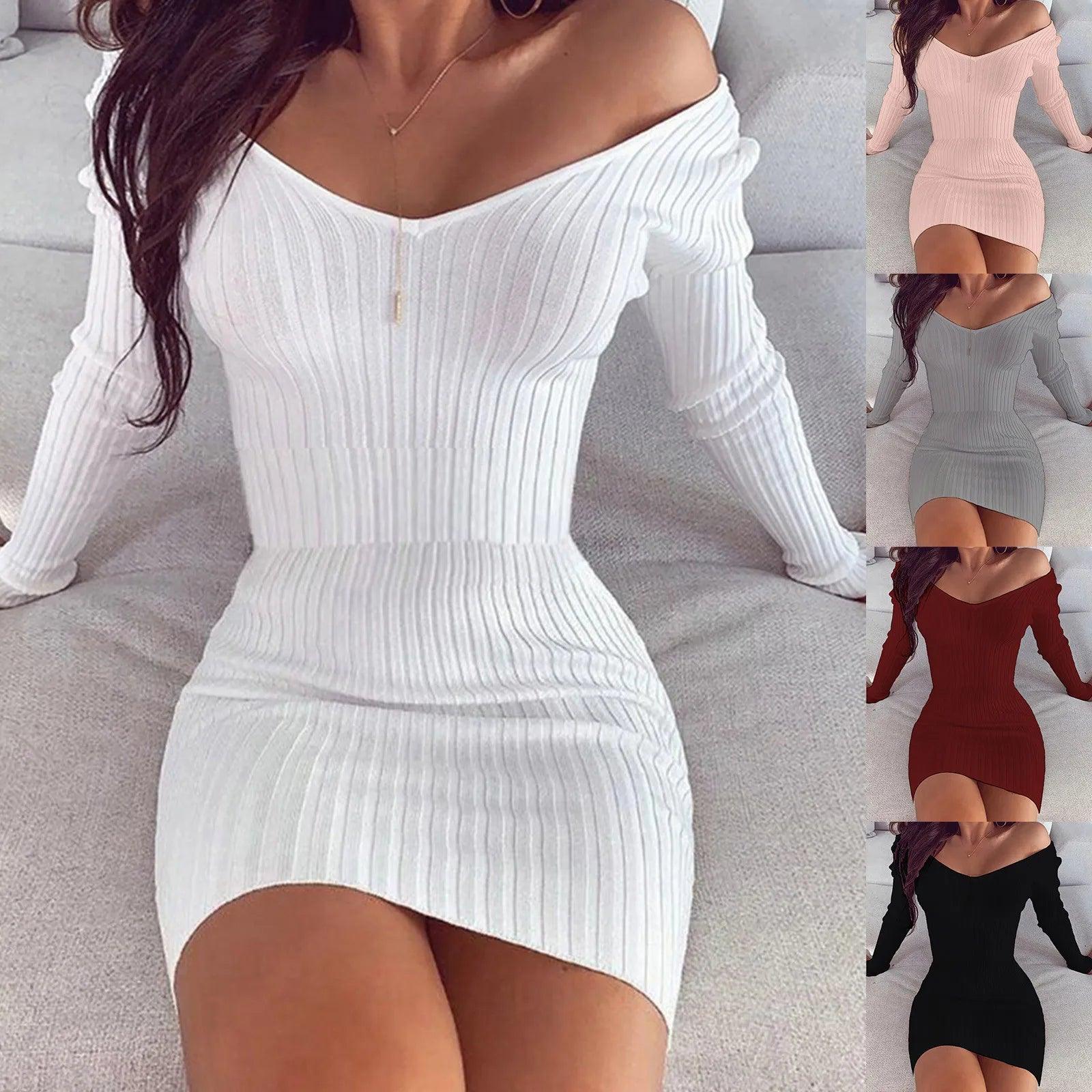 sexy off shoulder bodycon dress-Sexy off Shoulder Long Sleeve Bodycon Dress for Women 2024 Spring Autumn White Knitted Sweater Mini Woman Dresses Robe Femme-shopluxelook.store