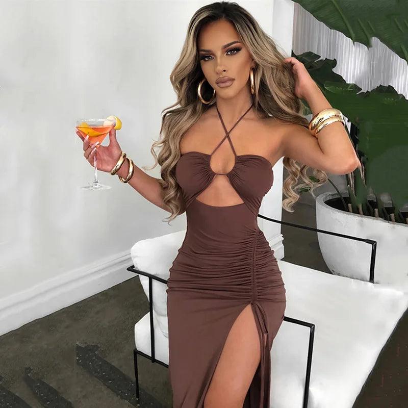 sleeveless sexy dress-Sleeveless Sexy Dress Women Clothing Backless Hollow Out Slim Party Dresses Fashion Casual Summer Bodycon Elegant Split Dress-shopluxelook.store