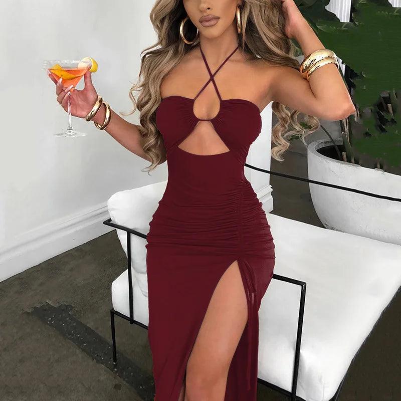 sleeveless sexy dress-Sleeveless Sexy Dress Women Clothing Backless Hollow Out Slim Party Dresses Fashion Casual Summer Bodycon Elegant Split Dress-shopluxelook.store