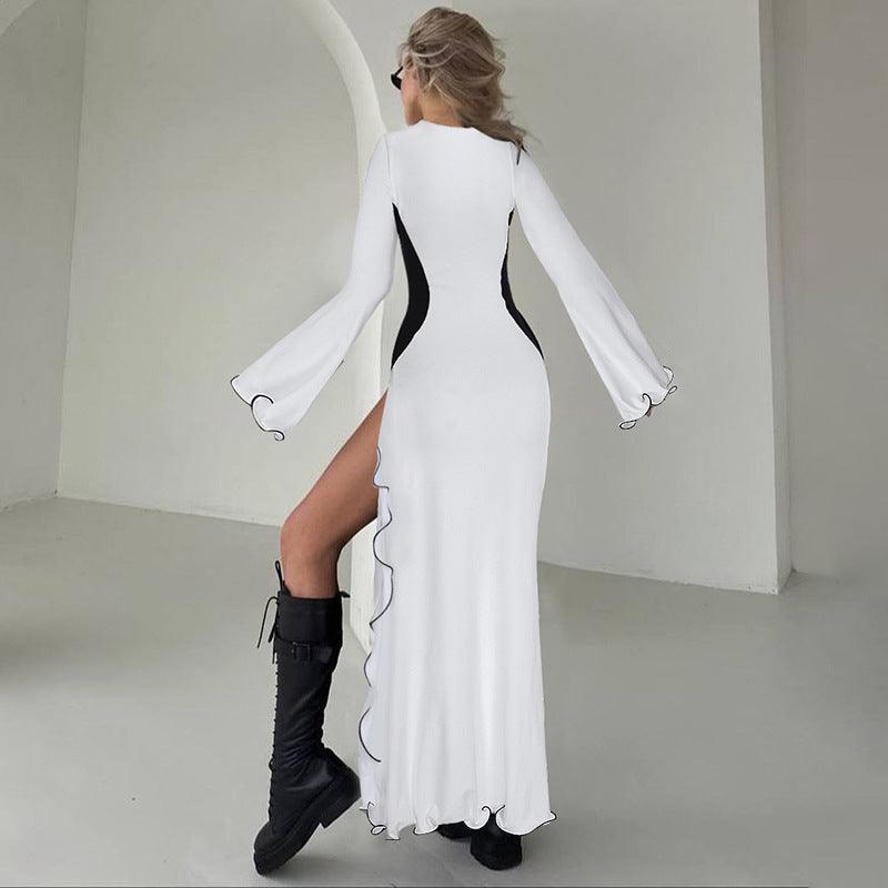 slim fit long sleeve dress-Slim Fit High Waist Stitching Split Long Sleeve Dress-shopluxelook.store