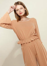 Smocked Waist Wide Leg Palazzo Pants in Apricot - shopluxelook.store 