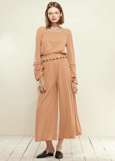 Smocked Waist Wide Leg Palazzo Pants in Apricot - shopluxelook.store 