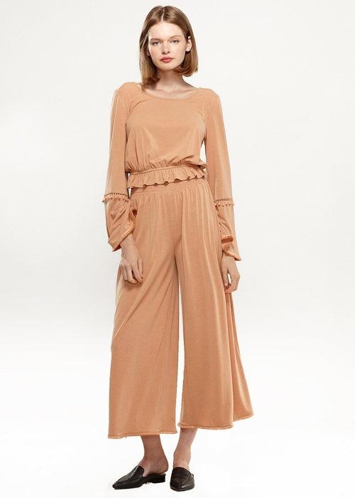 Smocked Waist Wide Leg Palazzo Pants in Apricot - shopluxelook.store 