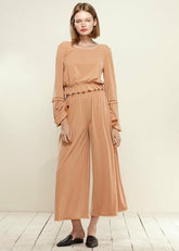 Smocked Waist Wide Leg Palazzo Pants in Apricot - shopluxelook.store 