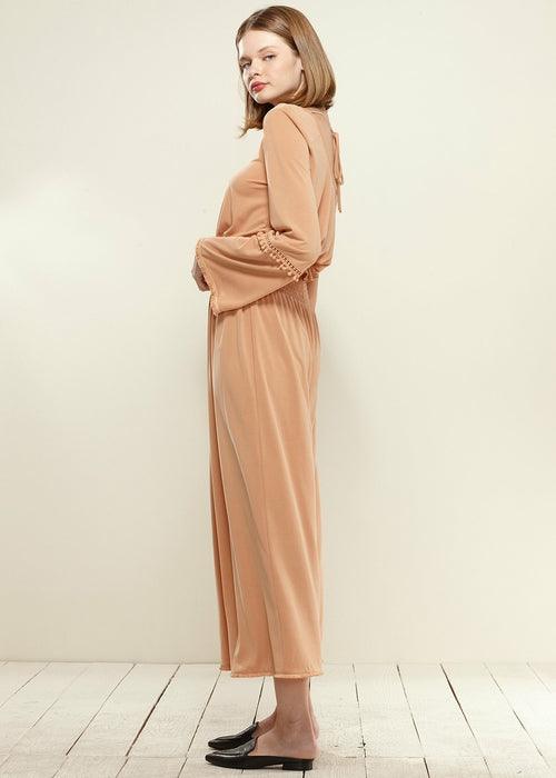 Smocked Waist Wide Leg Palazzo Pants in Apricot - shopluxelook.store 