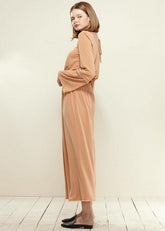 Smocked Waist Wide Leg Palazzo Pants in Apricot - shopluxelook.store 