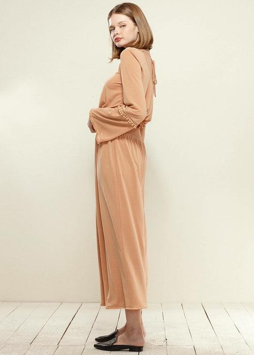 Smocked Waist Wide Leg Palazzo Pants in Apricot - shopluxelook.store 