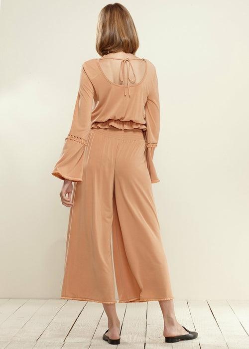 Smocked Waist Wide Leg Palazzo Pants in Apricot - shopluxelook.store 