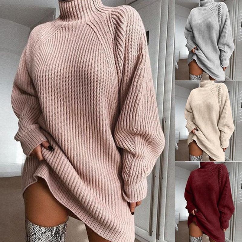 Solid Turtleneck Long Sweater Winter Warm Women Sweater Dress - shopluxelook.store 