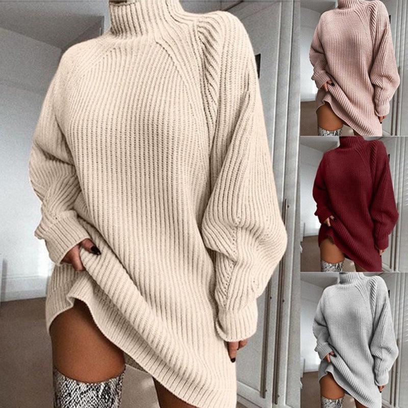 winter sweater dress-Solid Turtleneck Long Sweater Winter Warm Women Sweater Dress-shopluxelook.store