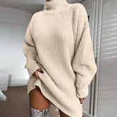 Solid Turtleneck Long Sweater Winter Warm Women Sweater Dress - shopluxelook.store 