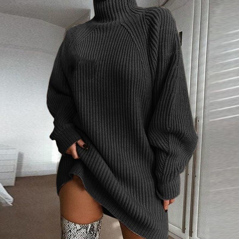 winter sweater dress-Solid Turtleneck Long Sweater Winter Warm Women Sweater Dress-shopluxelook.store