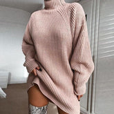 Solid Turtleneck Long Sweater Winter Warm Women Sweater Dress - shopluxelook.store 