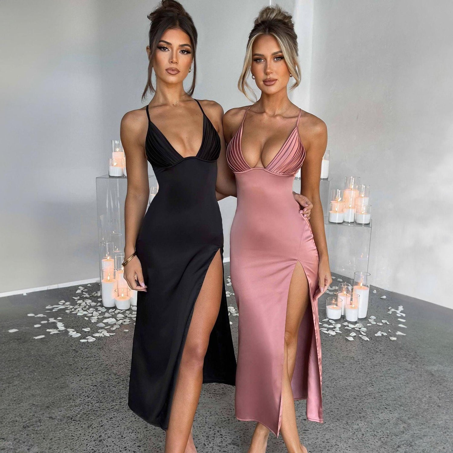 Spaghetti Strap Dress with Split Design Deep V-Neck Sleeveless Backless Bodycon Party Dresses for Womens Clothing - shopluxelook.store 