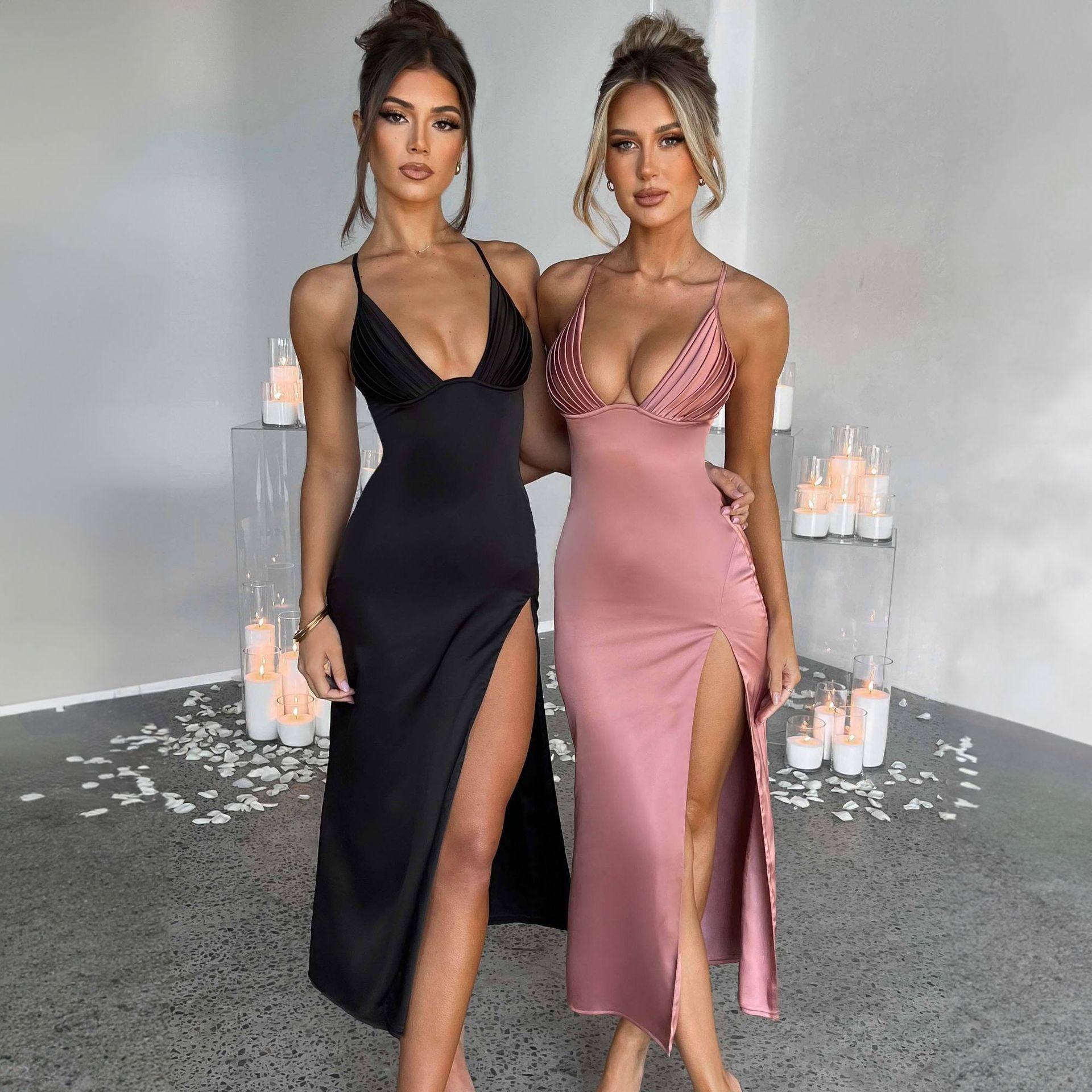 spaghetti strap dress-Spaghetti Strap Dress with Split Design Deep V-Neck Sleeveless Backless Bodycon Party Dresses for Womens Clothing-shopluxelook.store