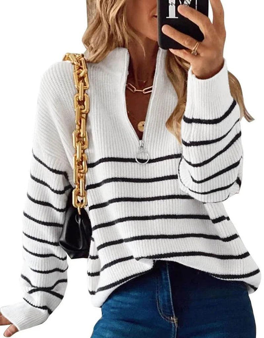 Sweaters for Women Quarter Zip Striped Sweaters Knitted Warm Pullover Sweaters - shopluxelook.store 