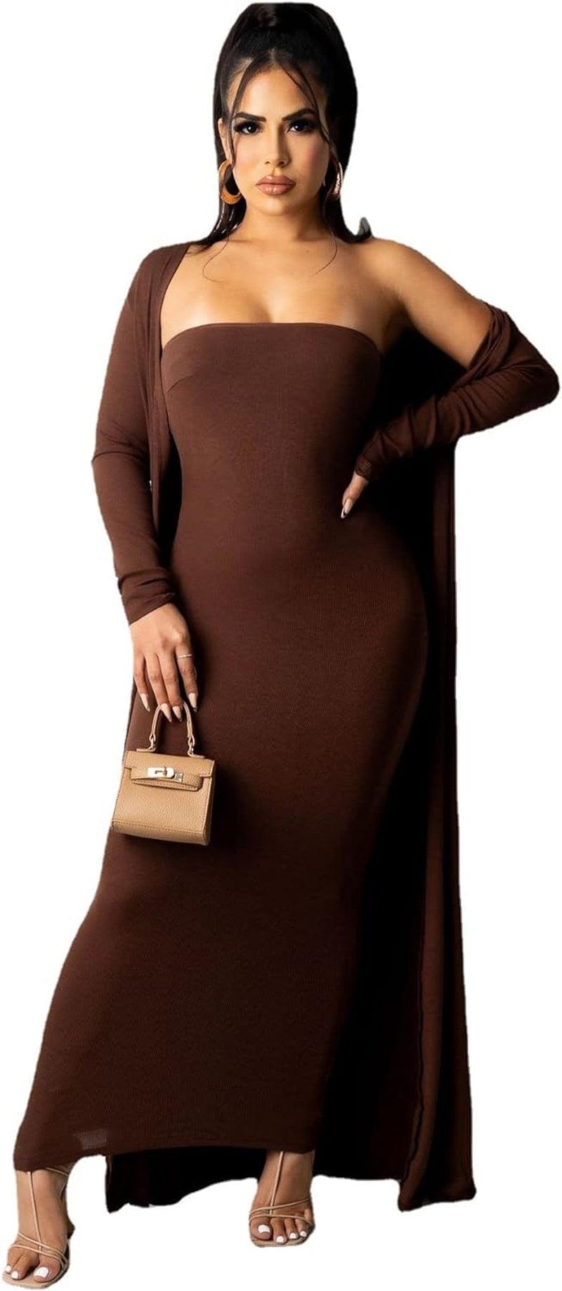 two piece midi dress-Two Piece for Women Sexy off the Shoulder Bodycon Midi Dresses with Long Cardigan Jackets Coffee-shopluxelook.store