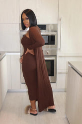 Two Piece for Women Sexy off the Shoulder Bodycon Midi Dresses with Long Cardigan Jackets Coffee - shopluxelook.store 