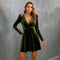 V-neck Tight Waist A- Line Long Sleeve Velvet Dress - shopluxelook.store 