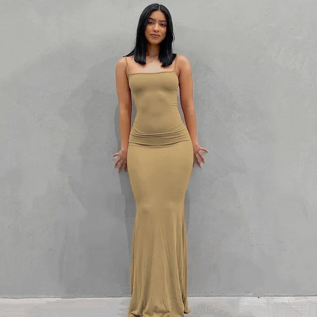 Satin Slip Backless Maxi Dress - Khaki / Small