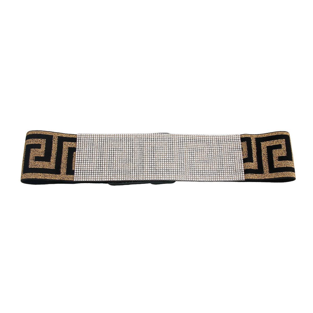 wide belt black gold Greek key stretch women-Wide Belt Black Gold Greek Key Stretch Women-shopluxelook.store