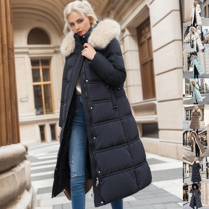 winter slim long jacket with fur hood and belt fashion solid hooded coat warm clothing for women-Winter Slim Long Jacket With Fur Hood And Belt Fashion Solid Hooded Coat Warm Clothing For Women-shopluxelook.store