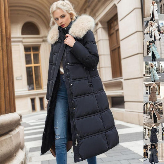 Winter Slim Long Jacket With Fur Hood And Belt Fashion Solid Hooded Coat Warm Clothing For Women - shopluxelook.store 