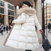 Winter Slim Long Jacket With Fur Hood And Belt Fashion Solid Hooded Coat Warm Clothing For Women - shopluxelook.store 