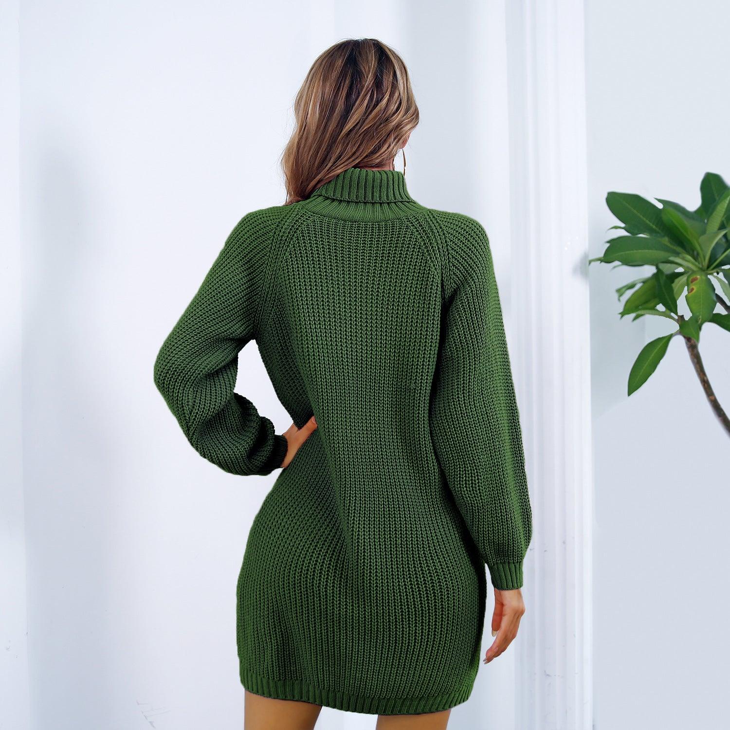 winter turtleneck sweater dress-Winter Turtleneck Long Sweater Dress with Button Design Leisure Clinch Long Sleeve Base Sweater Women-shopluxelook.store