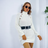 Winter Turtleneck Long Sweater Dress with Button Design Leisure Clinch Long Sleeve Base Sweater Women - shopluxelook.store 