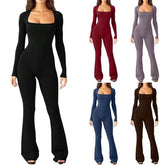 Women Long Sleeve Belly Waist Shaping and Hip Lift Square Collar Wide Leg High Elastic Jumpsuit - shopluxelook.store 