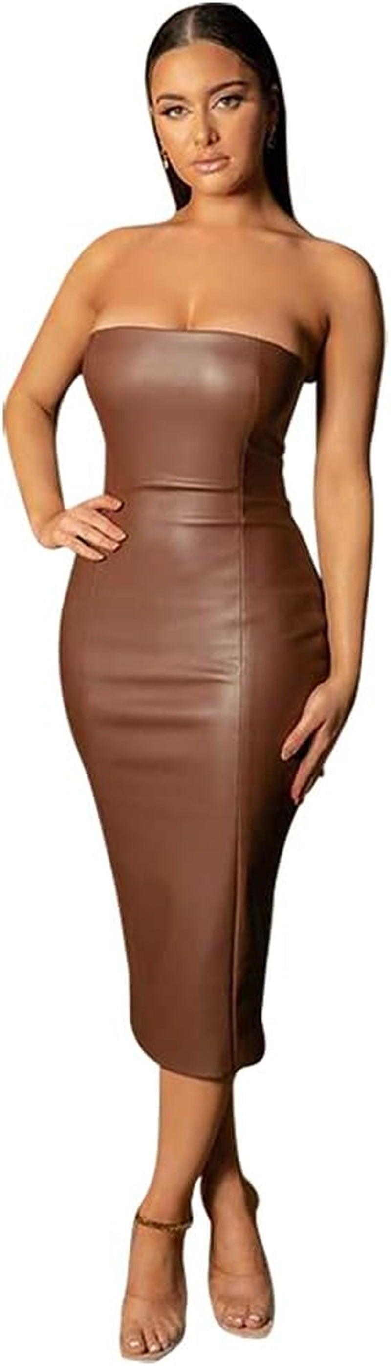 sexy tube dress-Women Sexy Strapless Tube Top Club Midi Dress off Shoulder Bodycon Party Faux Leather Dress-shopluxelook.store