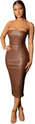 Women Sexy Strapless Tube Top Club Midi Dress off Shoulder Bodycon Party Faux Leather Dress - shopluxelook.store 