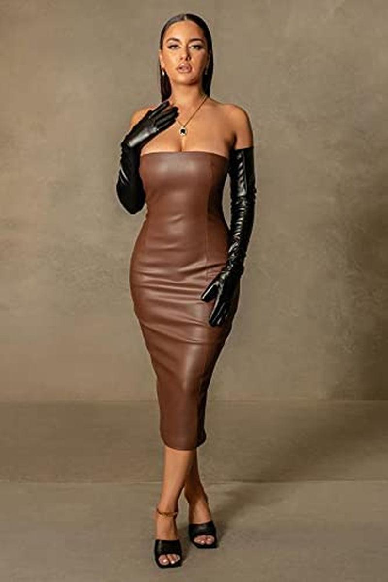 Women Sexy Strapless Tube Top Club Midi Dress off Shoulder Bodycon Party Faux Leather Dress - shopluxelook.store 