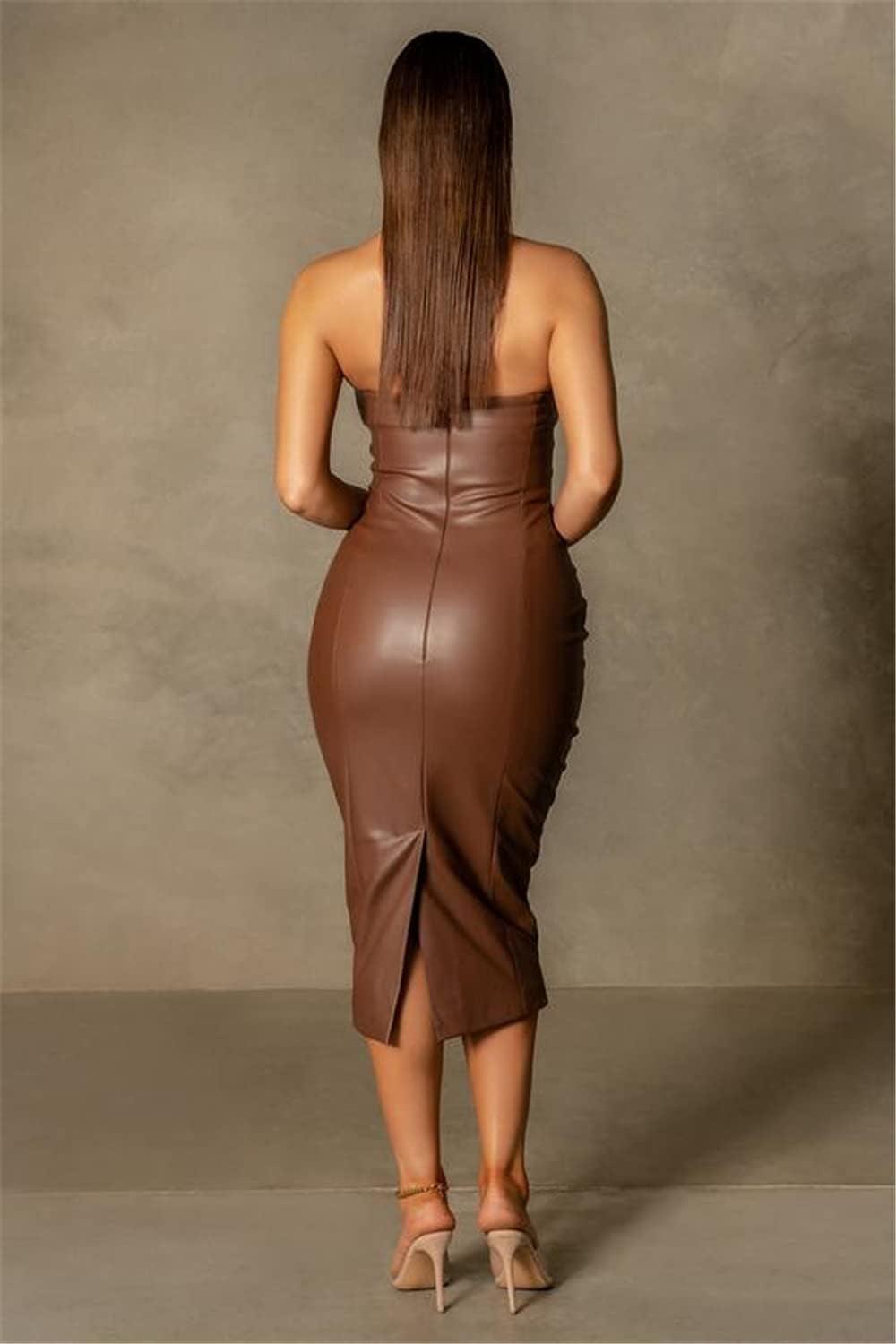 Women Sexy Strapless Tube Top Club Midi Dress off Shoulder Bodycon Party Faux Leather Dress - shopluxelook.store 