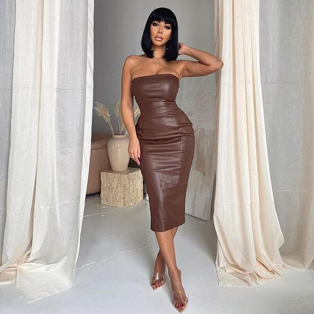 Women Sexy Strapless Tube Top Club Midi Dress off Shoulder Bodycon Party Faux Leather Dress - shopluxelook.store 