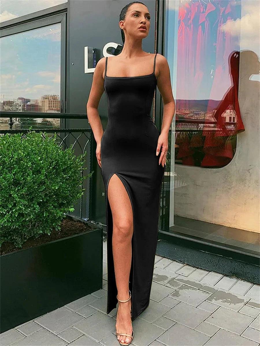 women summer sexy bodycon dress-Women Summer Sexy Bodycon Dress Lady Sexy Spaghetti Strap Sleeve Split Solid Color Sheath Dress Vestidos-shopluxelook.store