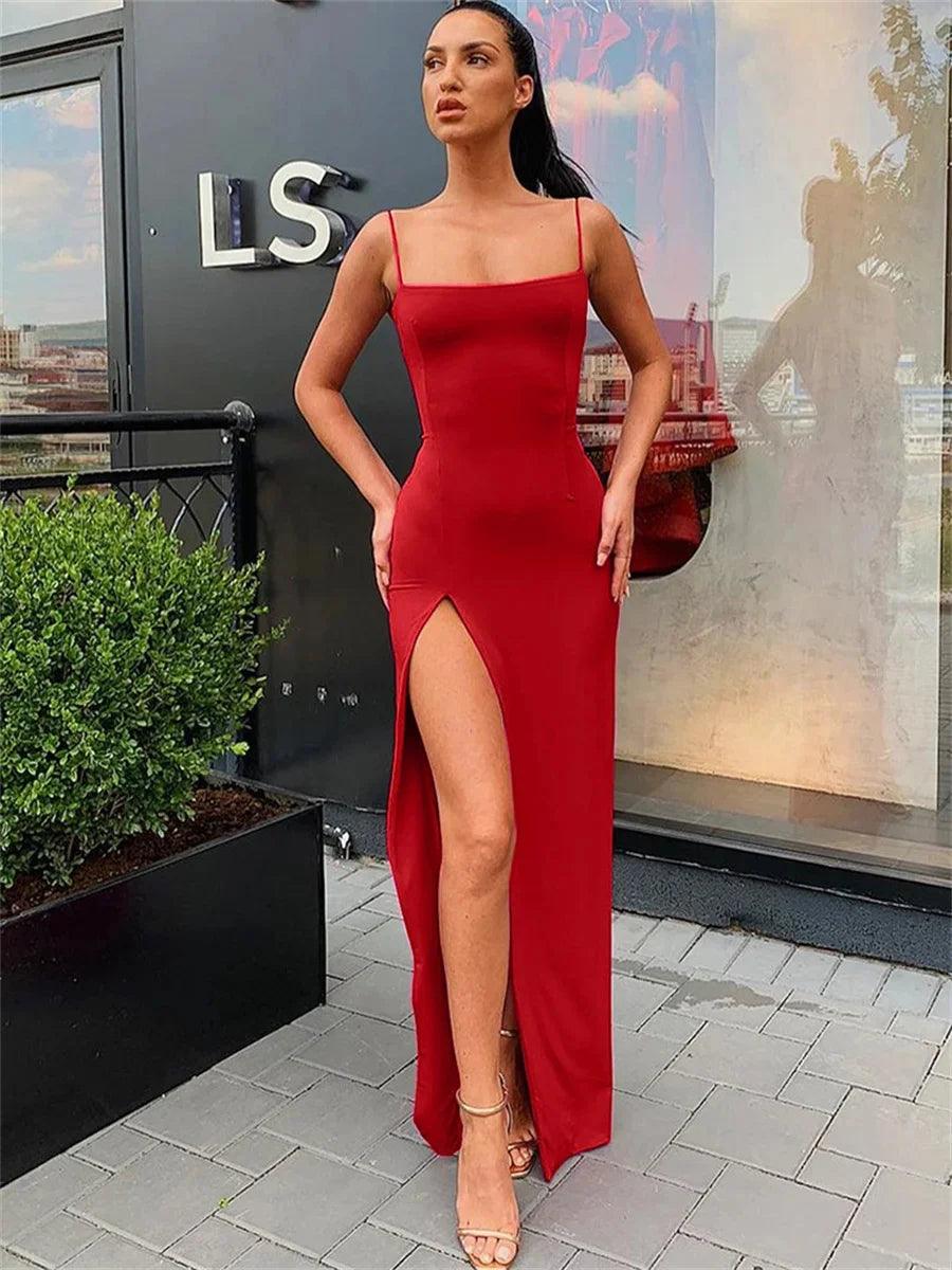 women summer sexy bodycon dress-Women Summer Sexy Bodycon Dress Lady Sexy Spaghetti Strap Sleeve Split Solid Color Sheath Dress Vestidos-shopluxelook.store