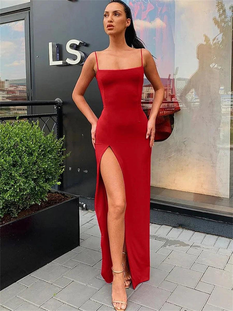 Women Summer Sexy Bodycon Dress Lady Sexy Spaghetti Strap Sleeve Split Solid Color Sheath Dress Vestidos - shopluxelook.store 