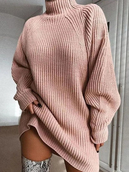 Women Turtleneck Oversized Knitted Dress Autumn Solid Long Sleeve Casual Elegant Mini Sweater Dress Winter Clothes - shopluxelook.store 