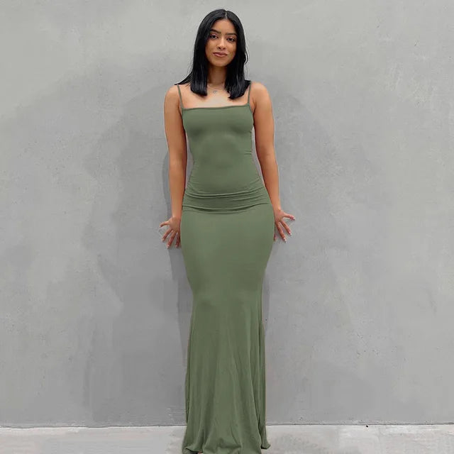 Satin Slip Backless Maxi Dress - Green / Extra Small