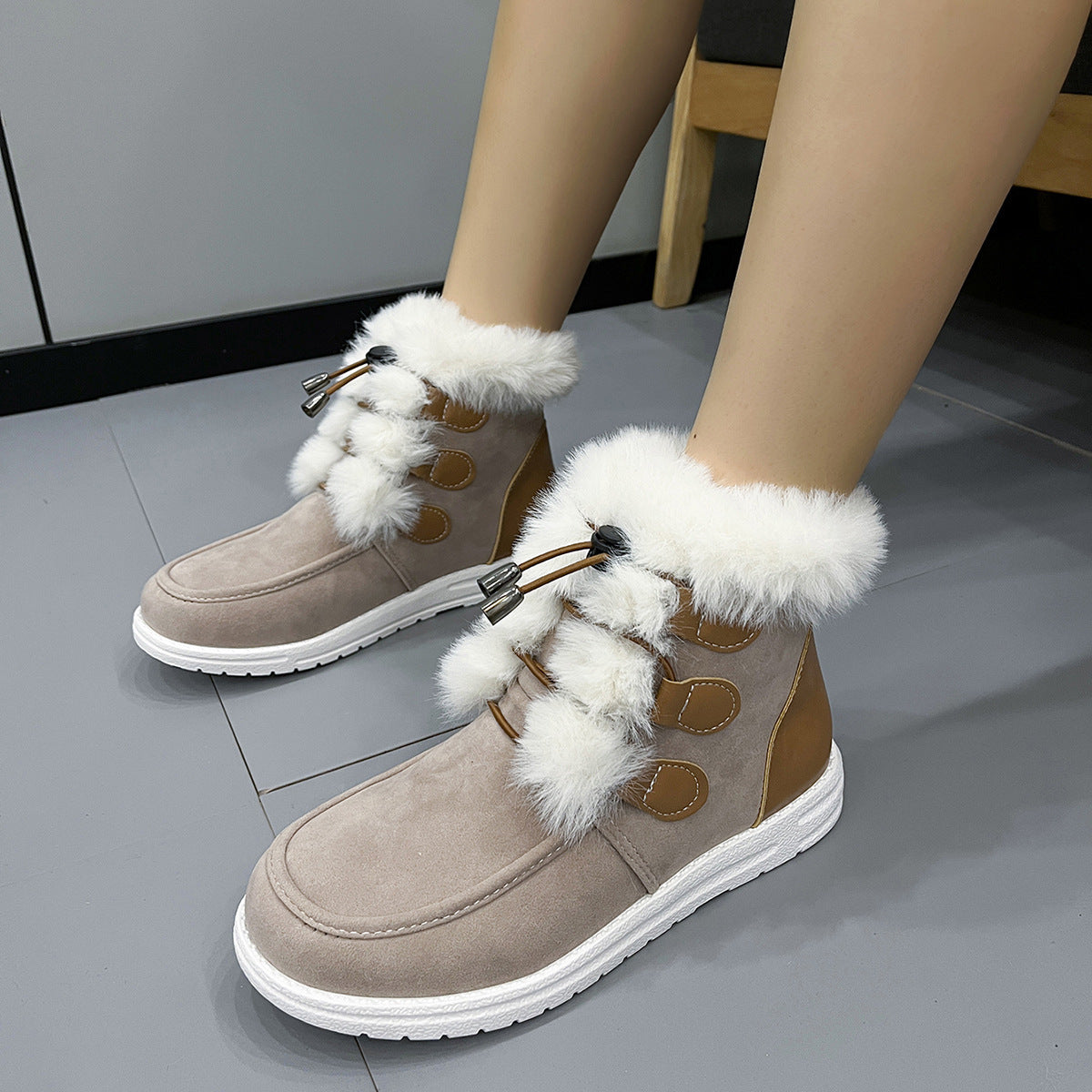 Fashion Suede Fleece Snow Boots Winter Warm Plush Round Toe Cotton Sho