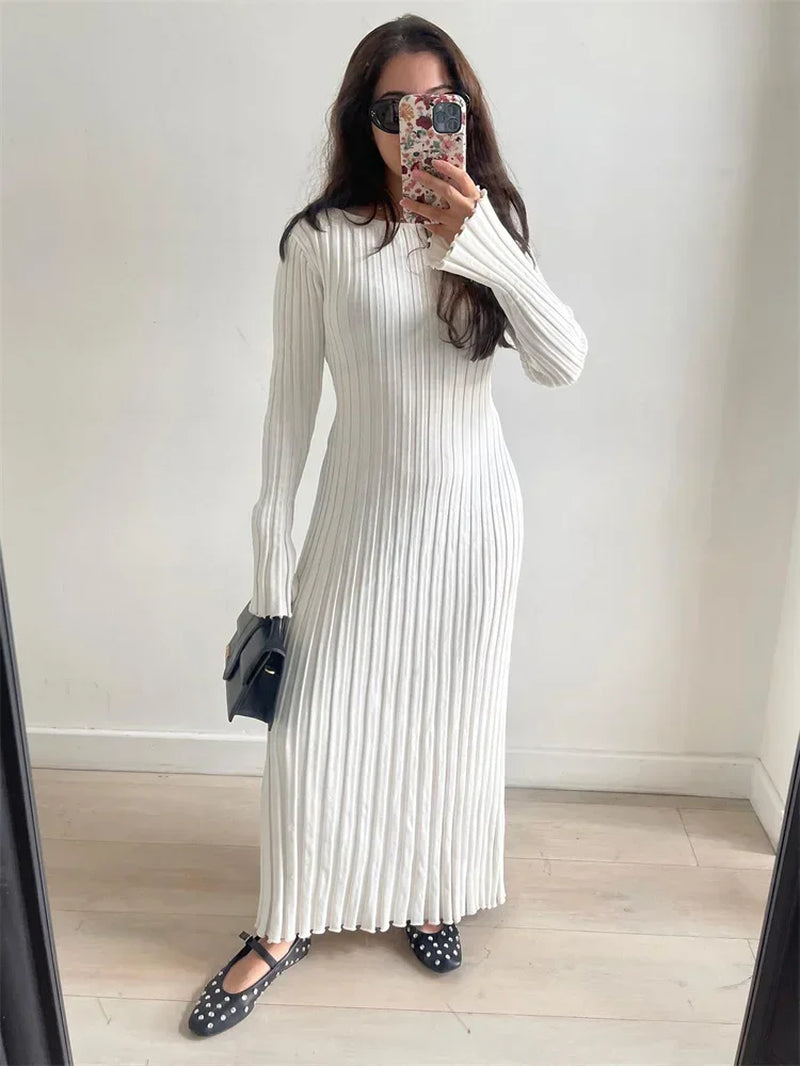 Lace-Up Female Knit Maxi Dress Autumn High Waist Fashion Patchwork Lon