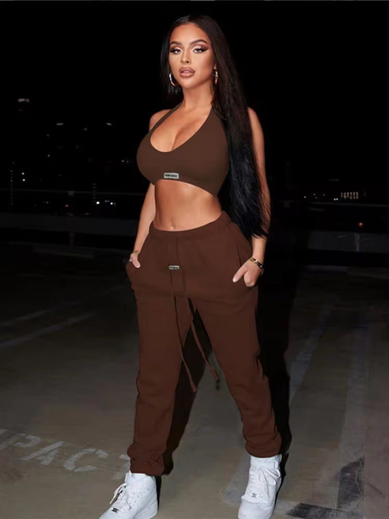 Sporty Two Piece Set Girl Halter Crop Tops+Drawstring Sweatpants Slim 