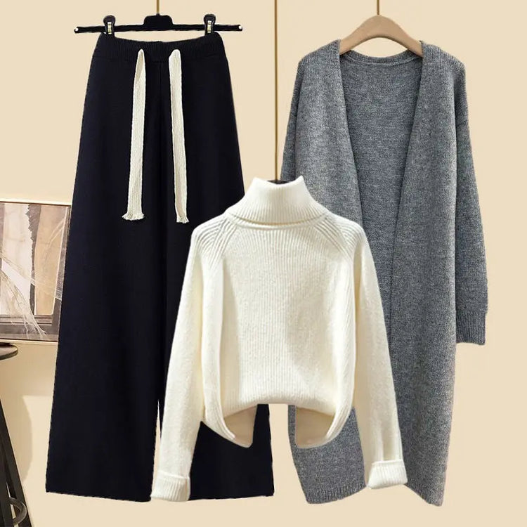 Idle Style Three-piece Set Thick Turtleneck Sweater Wide Leg Pants Wear Long Cardigan Jacket Slimming - shopluxelook.store